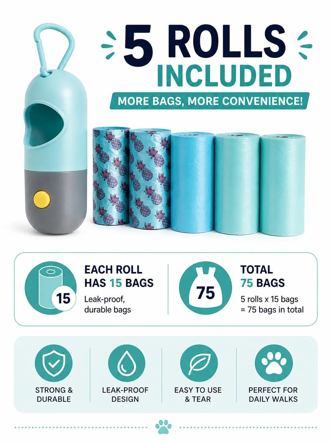 Dog Poop Bag Dispenser Set with Light (5 Rolls)