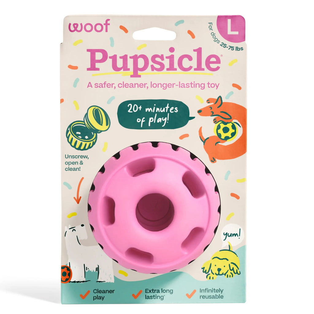 WOOF Pupsicle Interactive Dog Treat Toy, Low-Mess, Refillable, Easy Clean Treat Dispensing Toy to Keep Dogs Busy & Distracted