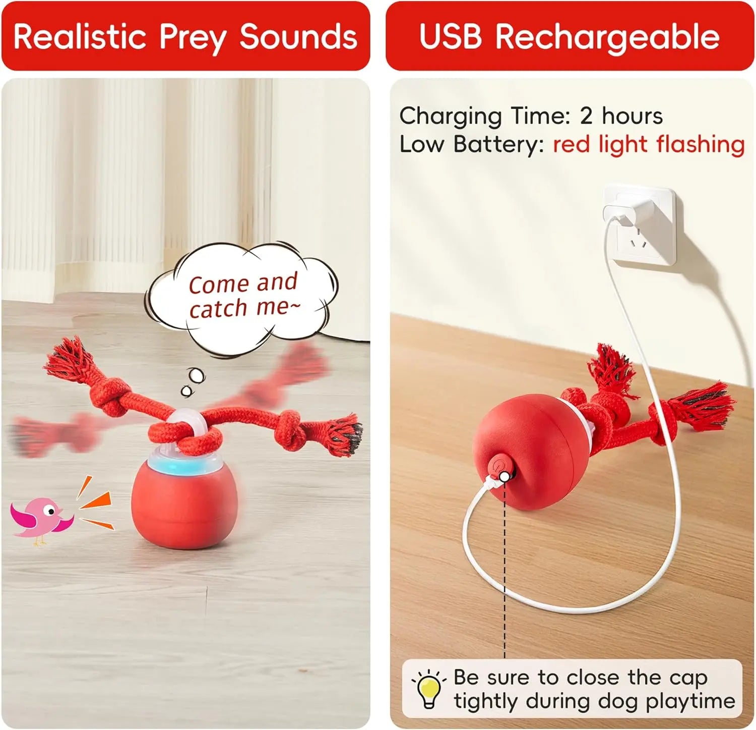 Potaroma Dog Ball Toys Touch Activated, Rechargeable, Squeaky Dog Toy, Interactive Moving Ball for Pup with Rope for Medium Small Dogs Puppy Dark Red,Interactive Training Ball #Summervibes #Petlovers