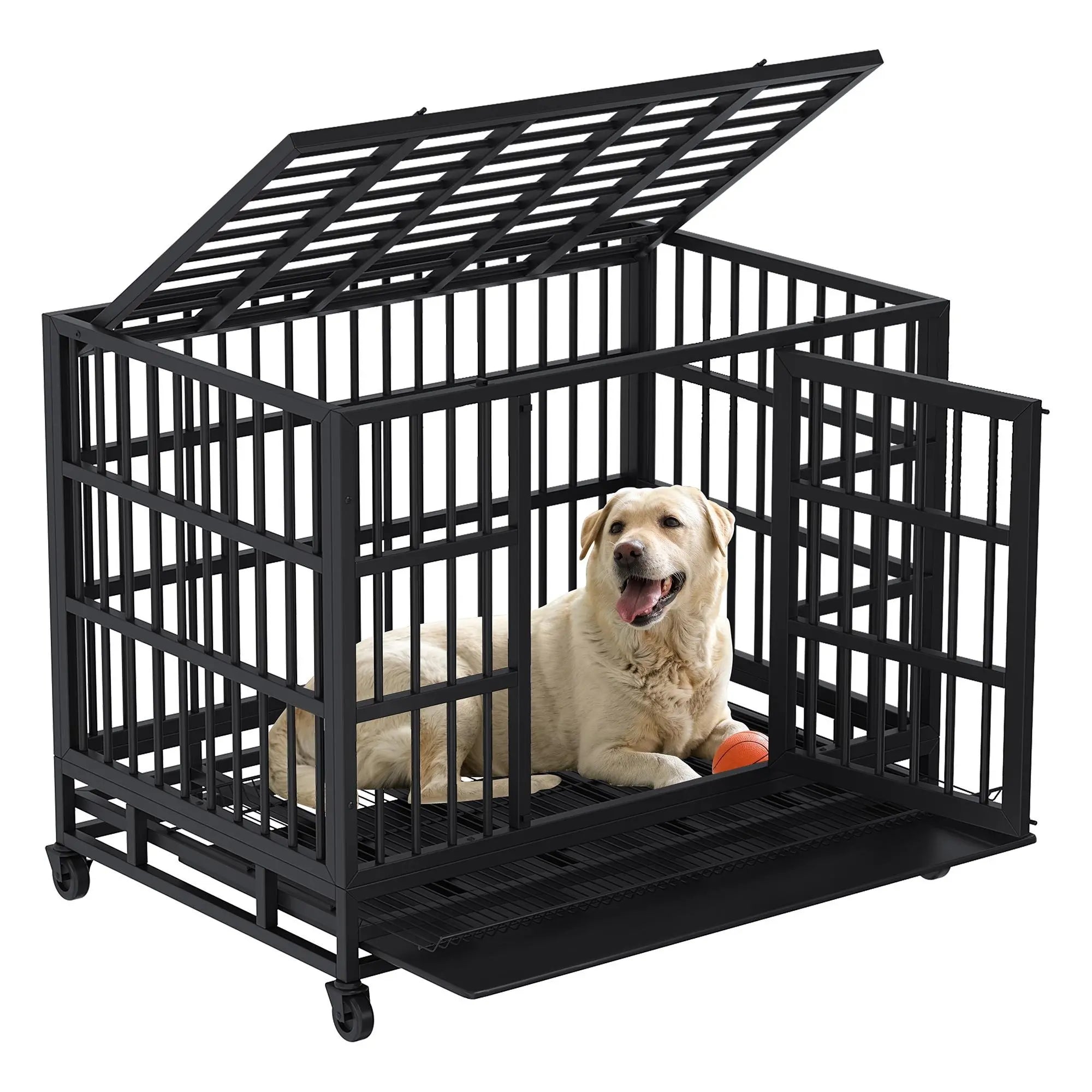 Walsunny 37/47 Inch Heavy Duty Steel Dog Crate for Large Dogs with Lockable Wheels and Double Door Design, Escape Proof, Indestructible, Black