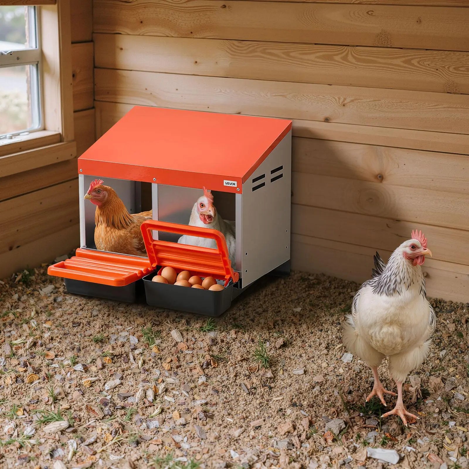 【Summervibes】Vevor Chicken Nesting Boxes, 2 Compartments, Easy Egg Collection, Wall Mount, Easy to Assemble, Galvanized Steel and High-Strength Plastic, Roll Away Nesting Boxes for Chickens Laying Eggs, Orange