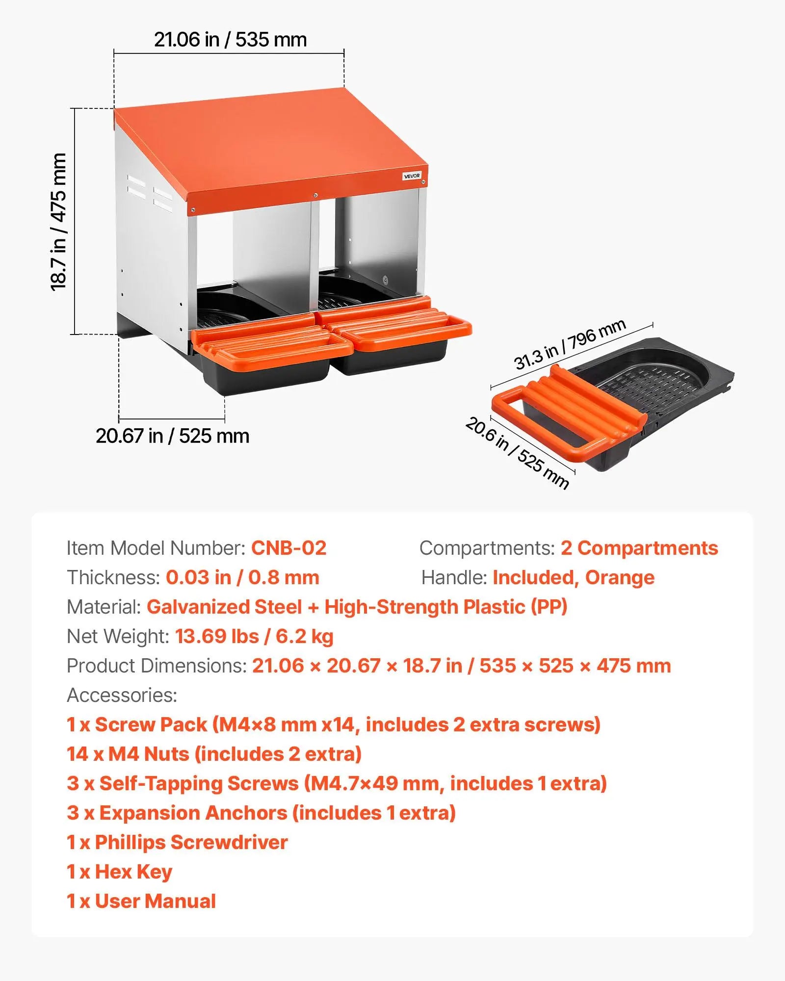 【Summervibes】Vevor Chicken Nesting Boxes, 2 Compartments, Easy Egg Collection, Wall Mount, Easy to Assemble, Galvanized Steel and High-Strength Plastic, Roll Away Nesting Boxes for Chickens Laying Eggs, Orange