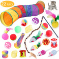 Cat Toys Set - 22Pcs Interactive Cat Toys for Kittens & Indoor Cats with Rainbow Tunnel, Feather Teaser Wand, Sisal Mice, Bell Balls & Crinkle Balls,Summervibes