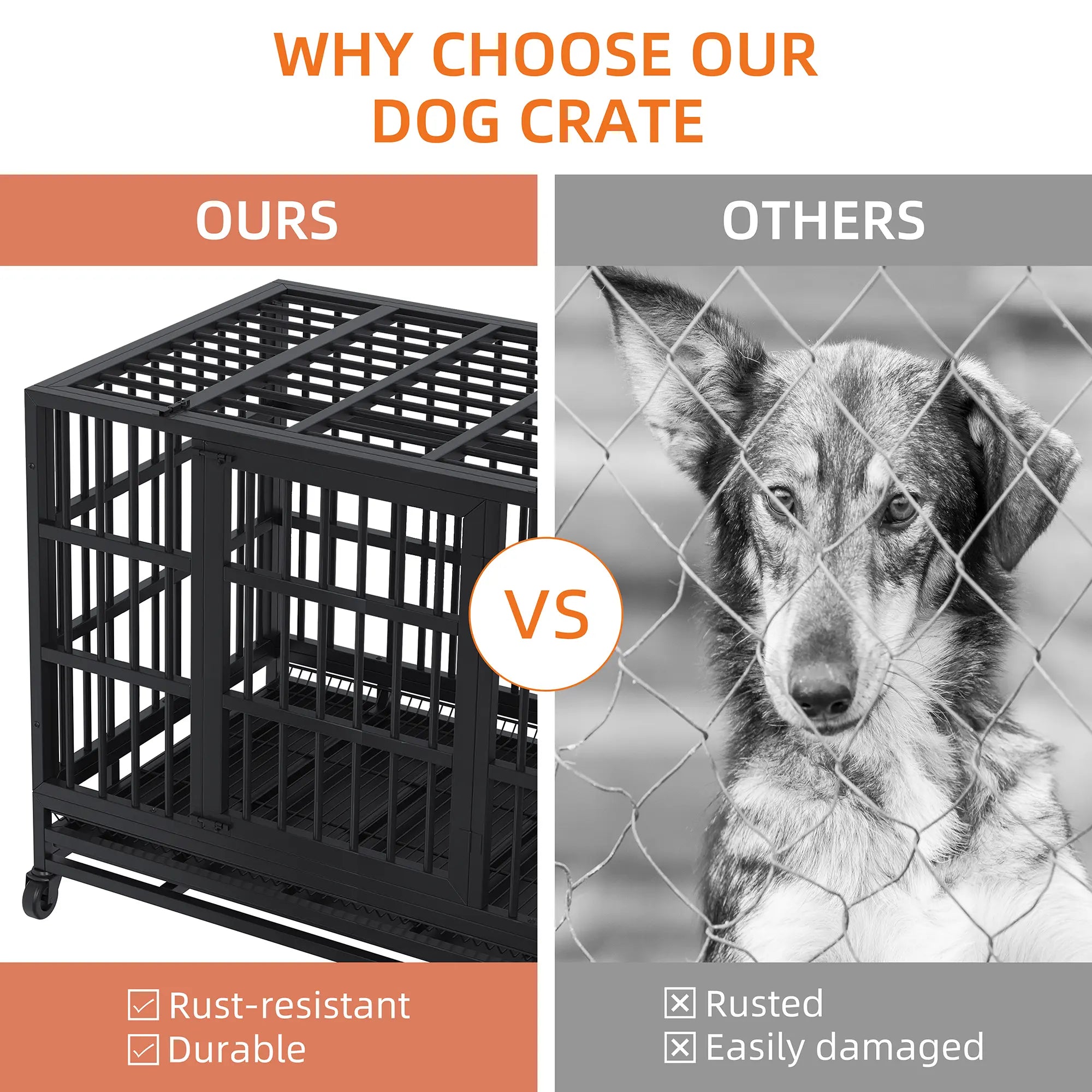 Walsunny 37/47 Inch Heavy Duty Steel Dog Crate for Large Dogs with Lockable Wheels and Double Door Design, Escape Proof, Indestructible, Black