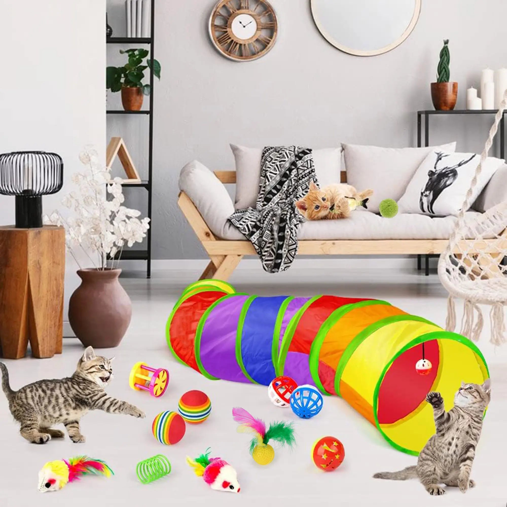 Cat Toys Set - 22Pcs Interactive Cat Toys for Kittens & Indoor Cats with Rainbow Tunnel, Feather Teaser Wand, Sisal Mice, Bell Balls & Crinkle Balls,Summervibes