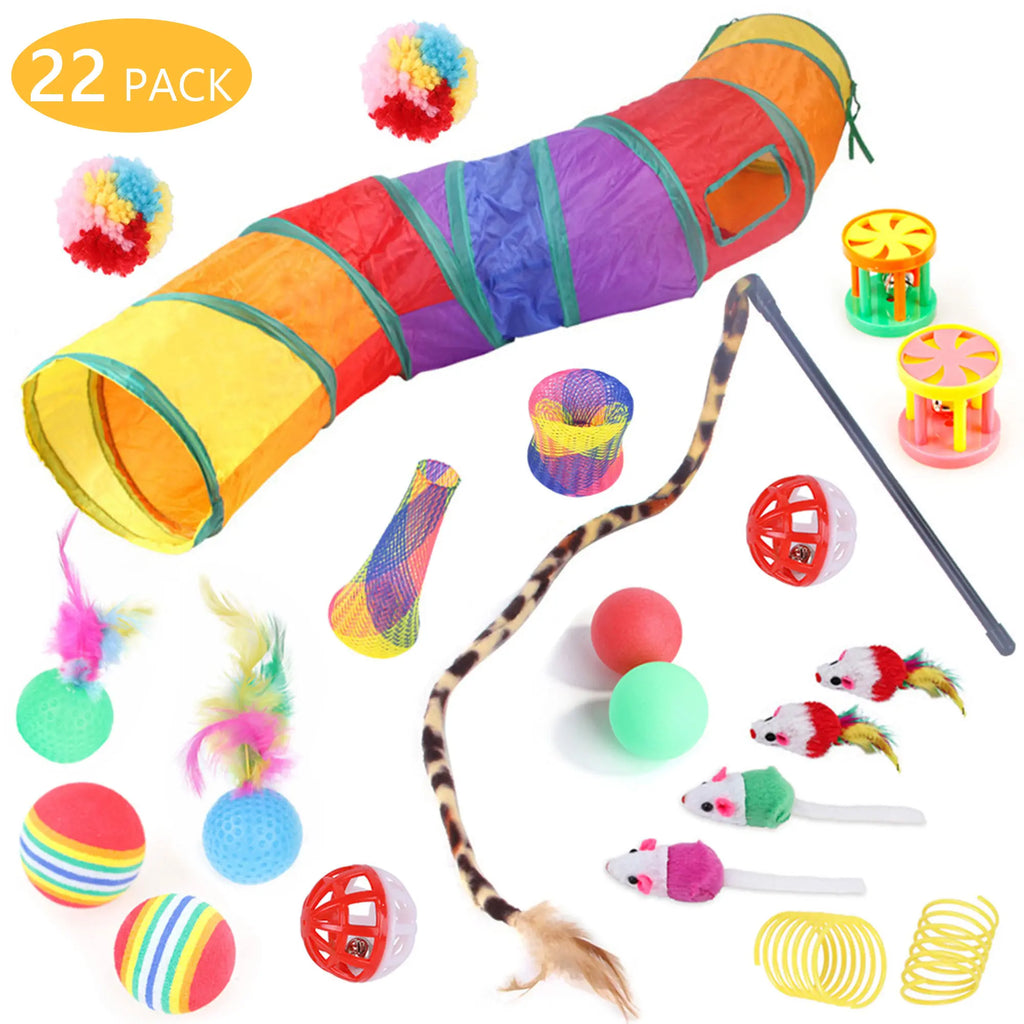 Cat Toys Set - 22Pcs Interactive Cat Toys for Kittens & Indoor Cats with Rainbow Tunnel, Feather Teaser Wand, Sisal Mice, Bell Balls & Crinkle Balls,Summervibes